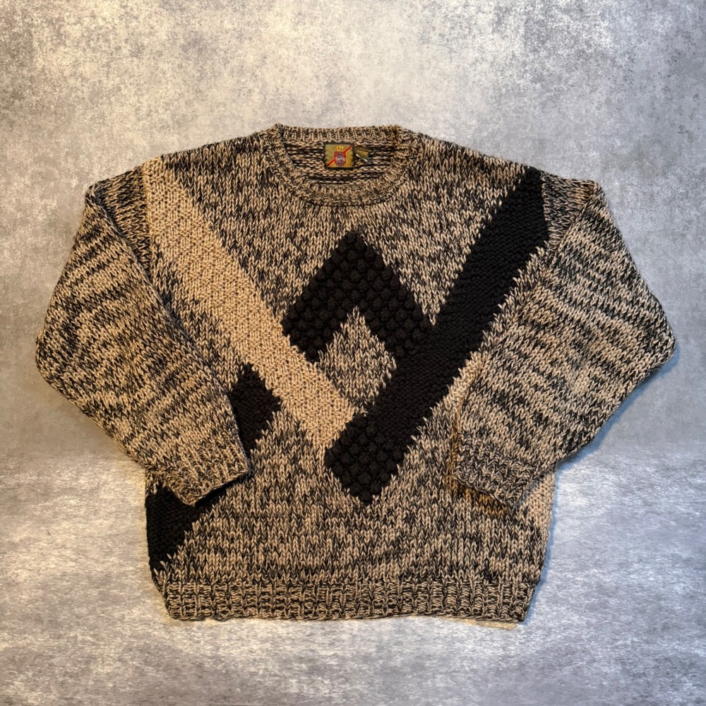 Vintage St. Croix Men Large Chunky Knit Acrylic Sweater Brown Black Geometric